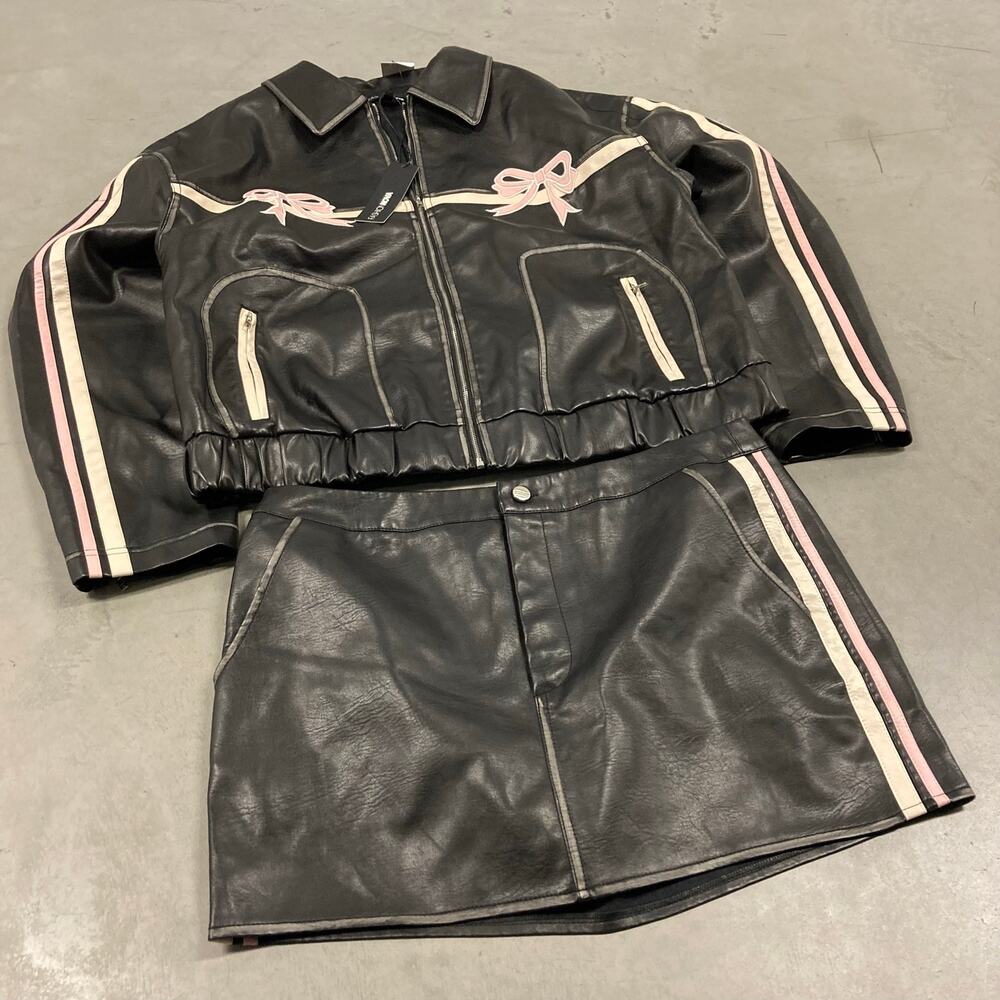 Fashion nova leather motorcycle jacket and skirt set